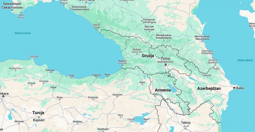 mapa świata, na której pokazane położenie Gruzji, Armenii, Azerbejdżanu
