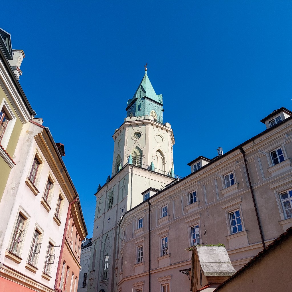 wieża widokowa pośród starej zabudowy