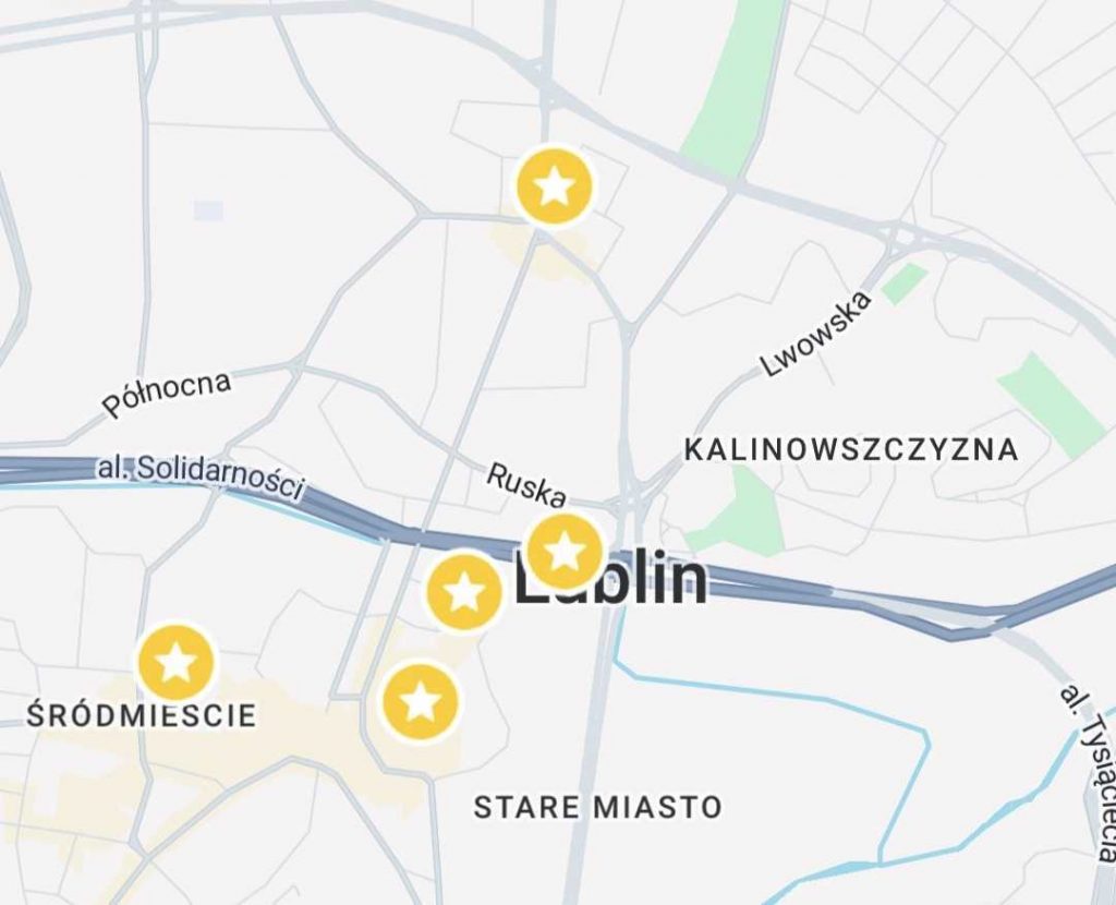 mapa Lublina z zaznaczonymi pięcioma punktami