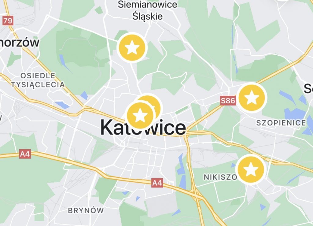 mapa Katowic z zaznaczonym pięcioma punktami