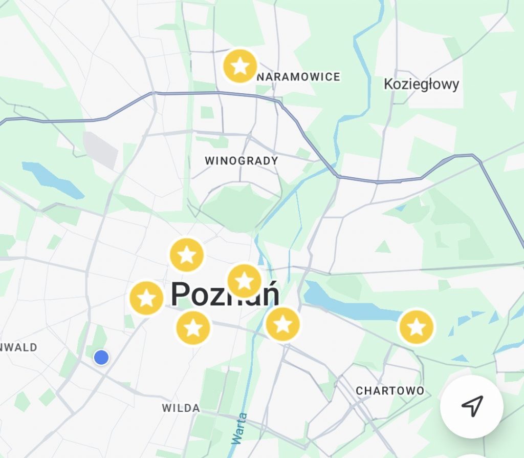 mapa Poznania z zaznaczonymi 7 punktami