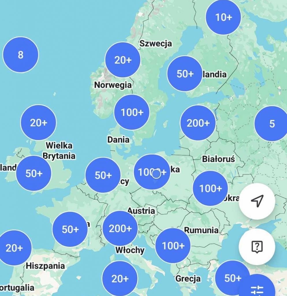 mapa Europy z liczbą ciekawych Miejsc w niebieckich kółkach