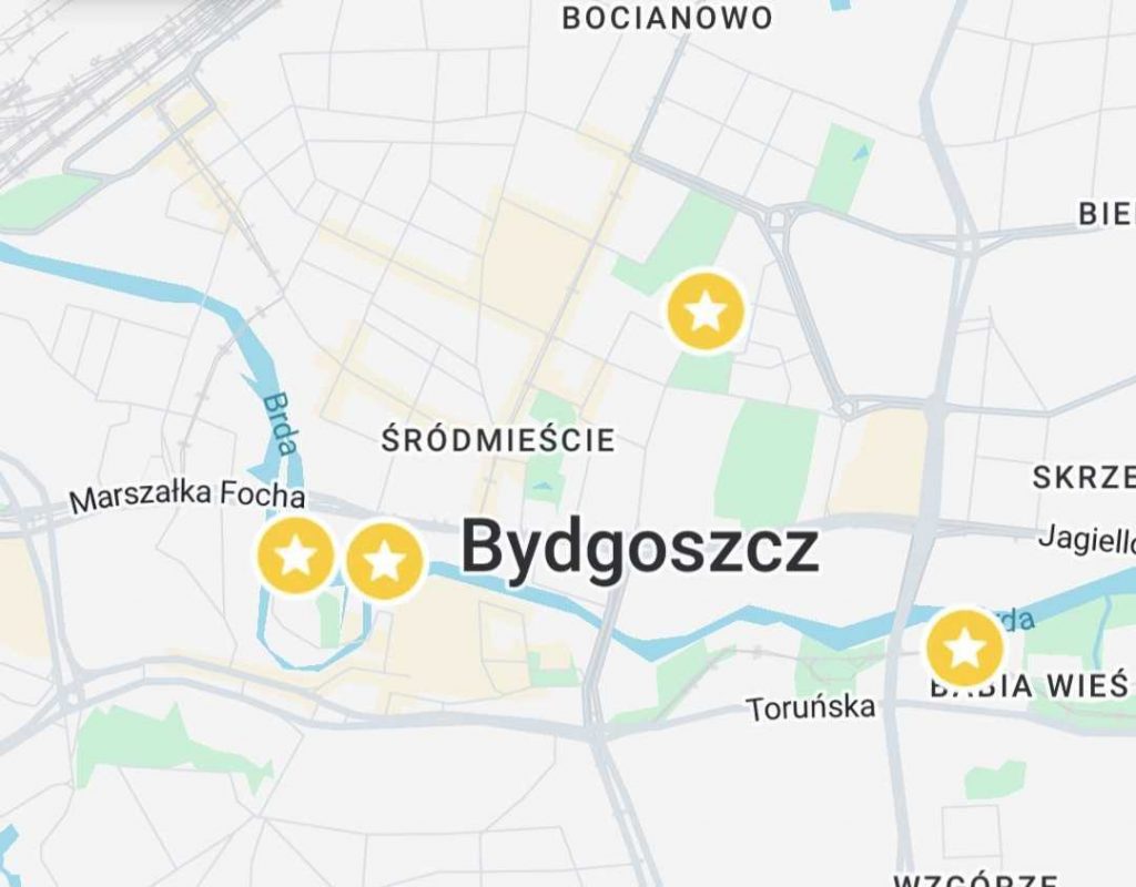 mapa z zaznaczonymi punktami w Bydgoszczy